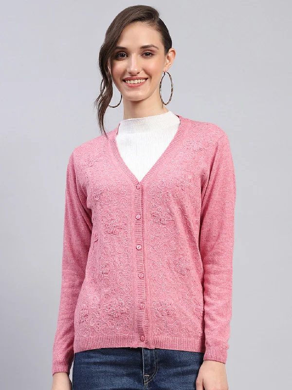 Cozy Embellished SweatersWomen Pink Self Design V Neck Full Sleeve Cardigan