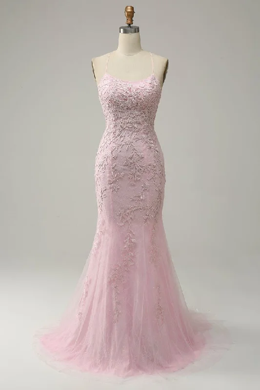 vintage prom dressesMermaid Spaghetti Straps Light Pink Long Prom Dress with Appliques Y7020