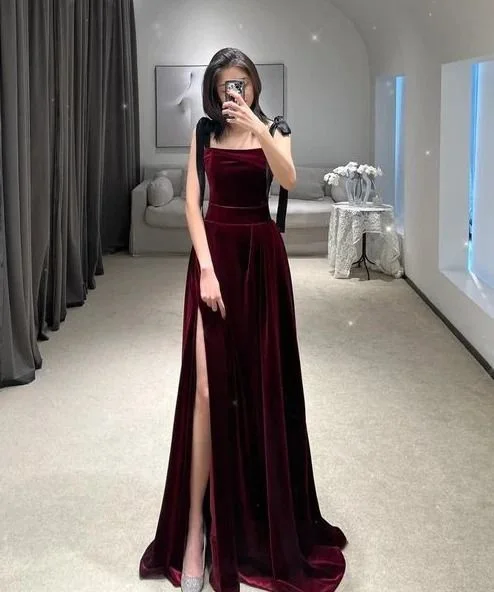 mid-length prom dressesClassy Burgundy Straps Prom Dress With Split Y6740