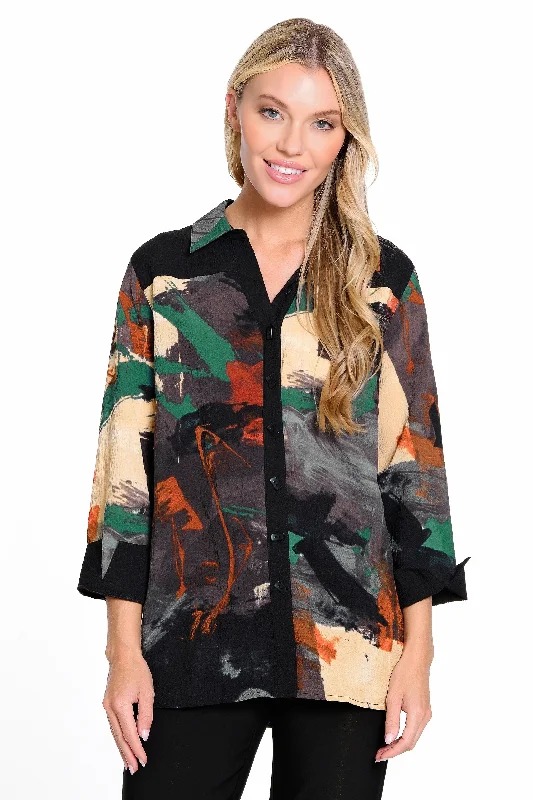 women's tops for maximalist fashion loversPrinted Woven Button Front Tunic Point Collar - Multi