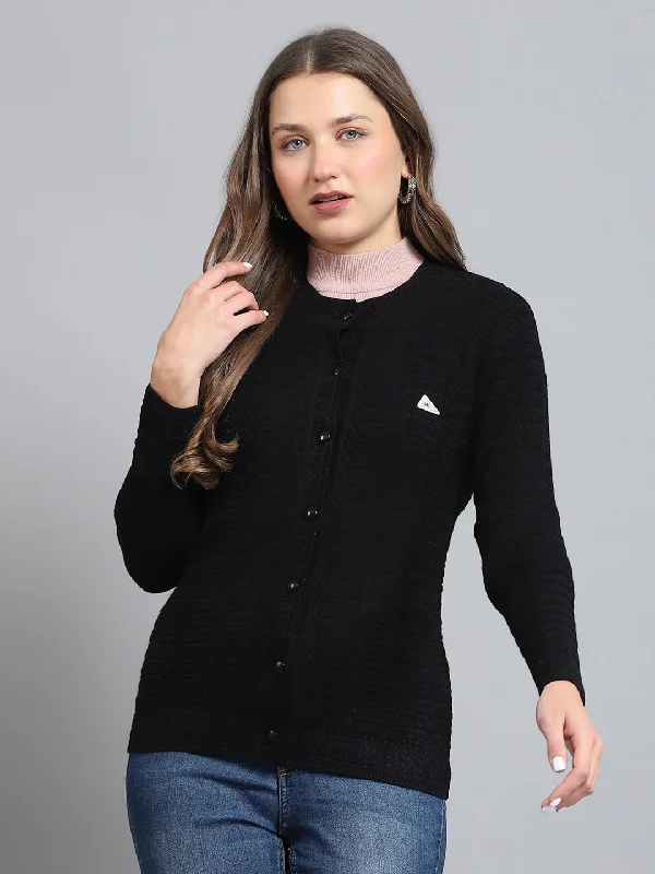 Cardigan SweatersWomen Black Self Design Round Neck Full Sleeve Cardigan