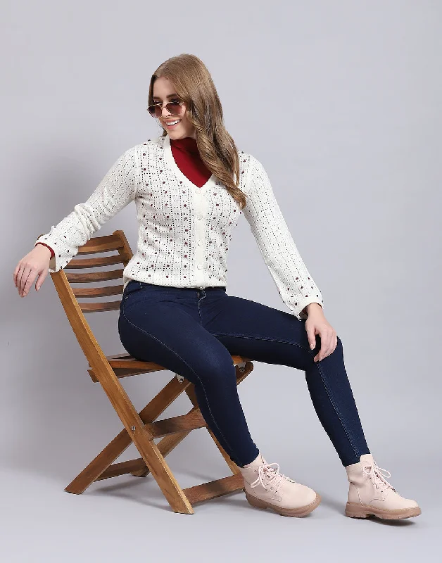 Cozy Custom Embellished SweatersWomen Off White Self Design V Neck Full Sleeve Cardigan