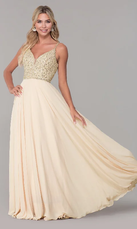 vintage prom dressesLong V-Neck Sleeveless Beaded-Bodice Prom Dress