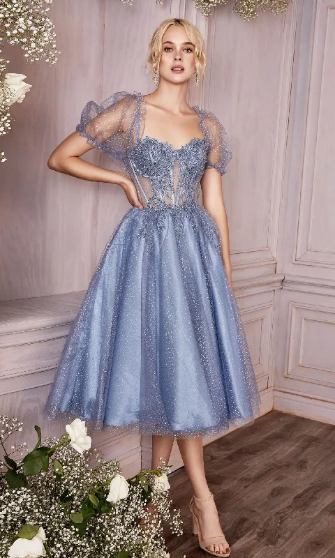 prom dress accessoriesPuff-Sleeve Tea-Length Prom Dress: Ladivine CD0187