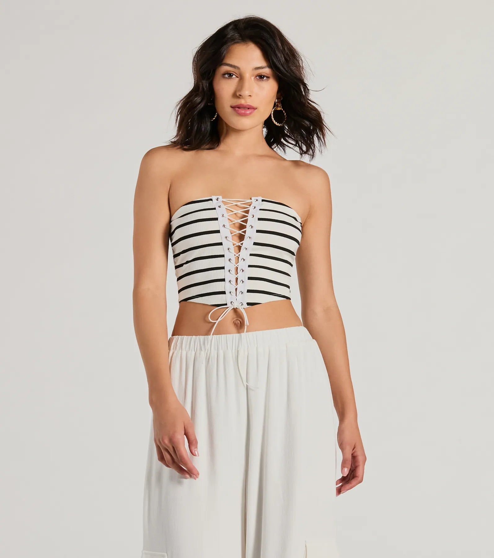 women's tops with ruffled hemsBold Babe Strapless Lace-Up Striped Crop Top