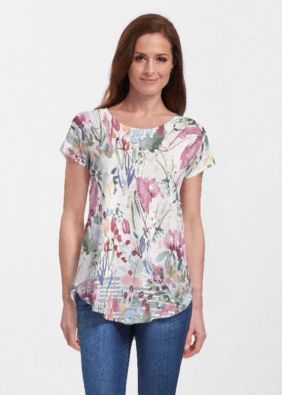 women's tops for business casual attireRhapsody (16191) ~ Signature Short Sleeve Scoop Neck Flowy Tunic