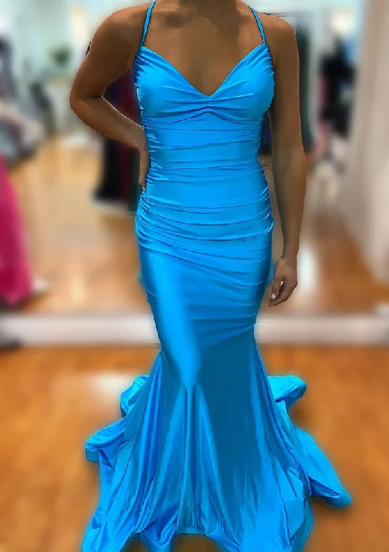 bespoke prom dressesTrumpet/Mermaid V Neck Sleeveless Sweep Train Prom Dress With Pleated Y7253