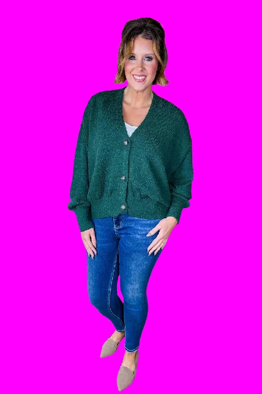 Fitted Cashmere SweatersExposed Seam V Neck Button Sweater Cardigan in Dark Green