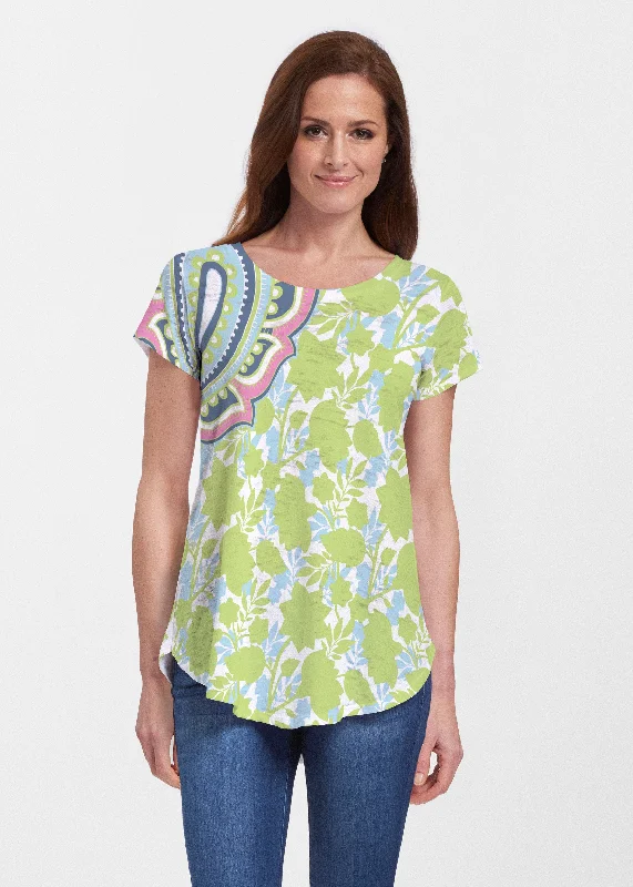 women's tops for cozy nights inHarbor Paisley Lime (13433) ~ Signature Short Sleeve Scoop Neck Flowy Tunic