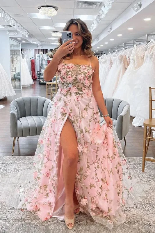 classic prom dressesA Line Pink Floral Long Prom Dresses with High Slit, Formal Graduation Evening Dresses Y5893