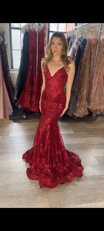 mini prom dressesRed V Neck Mermaid Prom Dress,Red Evening Gown Y5967