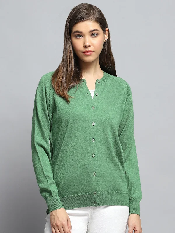 Cashmere SweatersWomen Green Solid Round Neck Full Sleeve Cardigan