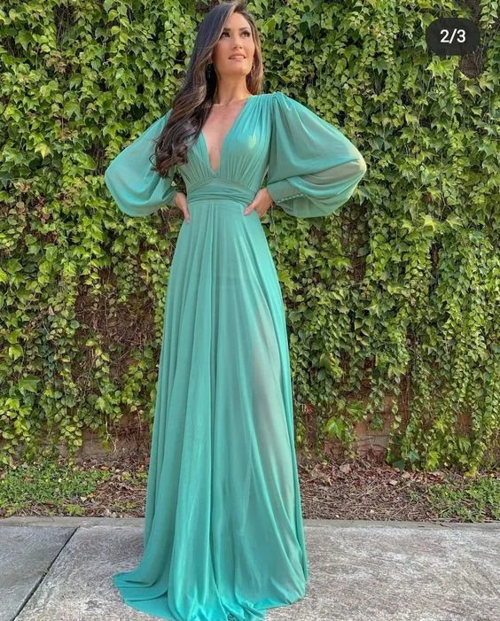 petite prom dressesLong Sleeves Deep V Neck Chiffon Long Evening Prom Dress Y7198