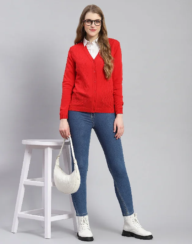 Quick-Dry SweatersWomen Red Self Design V Neck Full Sleeve Cardigan