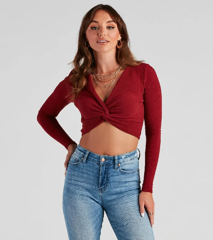 women's tops for business casual attireTrendy Twist-Front Ribbed Knit Crop Top