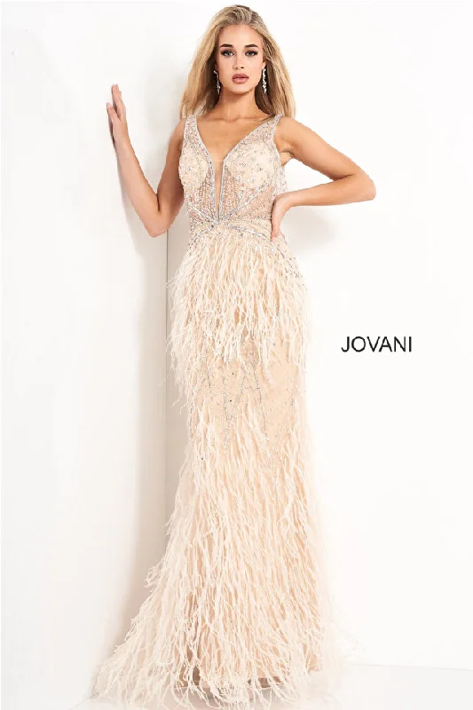 long prom dressesJovani Sheer-Bodice Long Prom Dress with Feathers