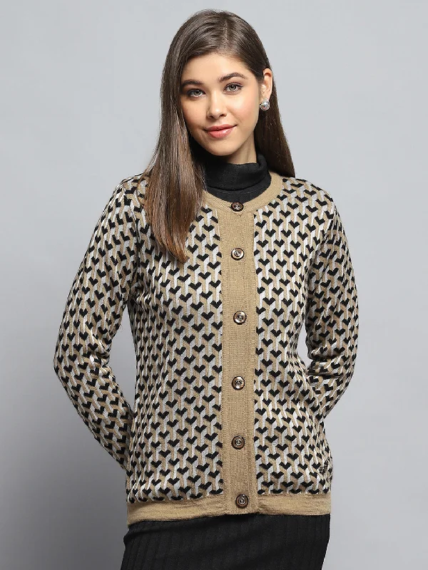 Trendy Vintage Flannel SweatersWomen Beige Self Design Round Neck Full Sleeve Cardigan