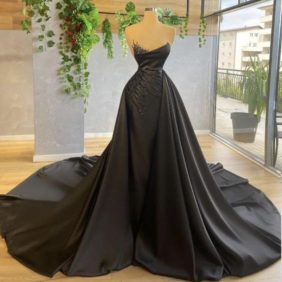 prom dress try-on ideasBlack Detachable Train Prom Dresses For Women Beading Pleated Evening Dresses Y6676