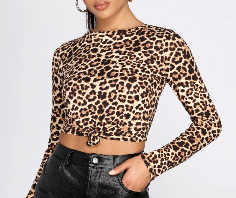 elegant women's topsLeopard Print Brushed Knit Crop Top