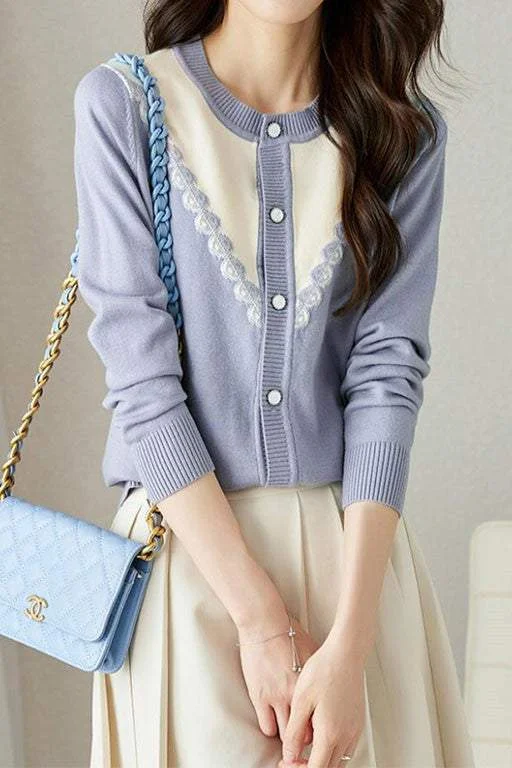 Wholesale Affordable Women's SweatersColor Block Round Neck Knitted Cardigan