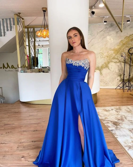 sweetheart neckline prom dressesRoyal Blue A-line High Slit Prom Dress,Royal Blue Evening Dress Y6221