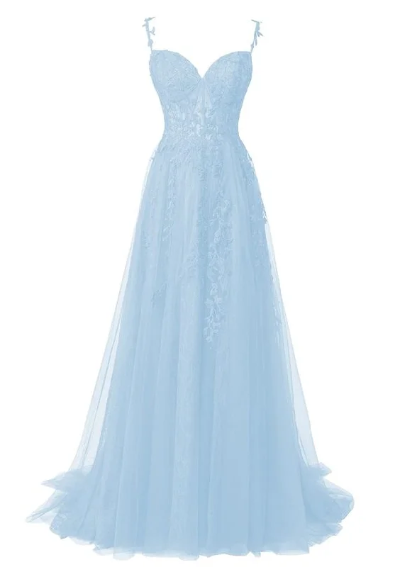 metallic prom dressesBlue Flower Lace Appliques Tulle Long Prom Dresses for Teens Y7044