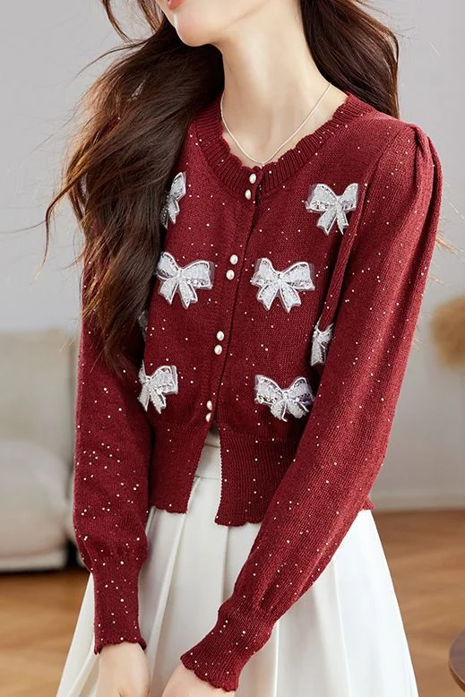 Extra-Large SweatersElegant Bow Knit Cardigan