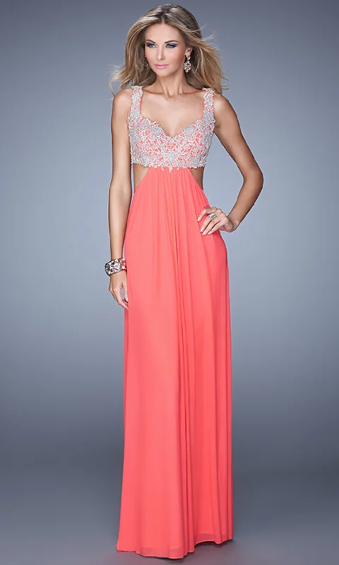 silk prom dressesLong La Femme Prom Dress with Cut-Out Sides