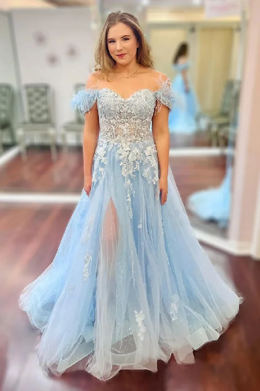 backless prom dressesGlitter Off The Shoulder Light Blue Corset Prom Dress with Appliques Y6626