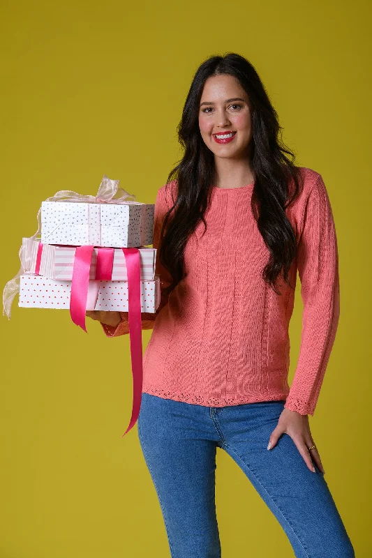 Luxurious SweatersRib and Pointelle Sweater - Coral