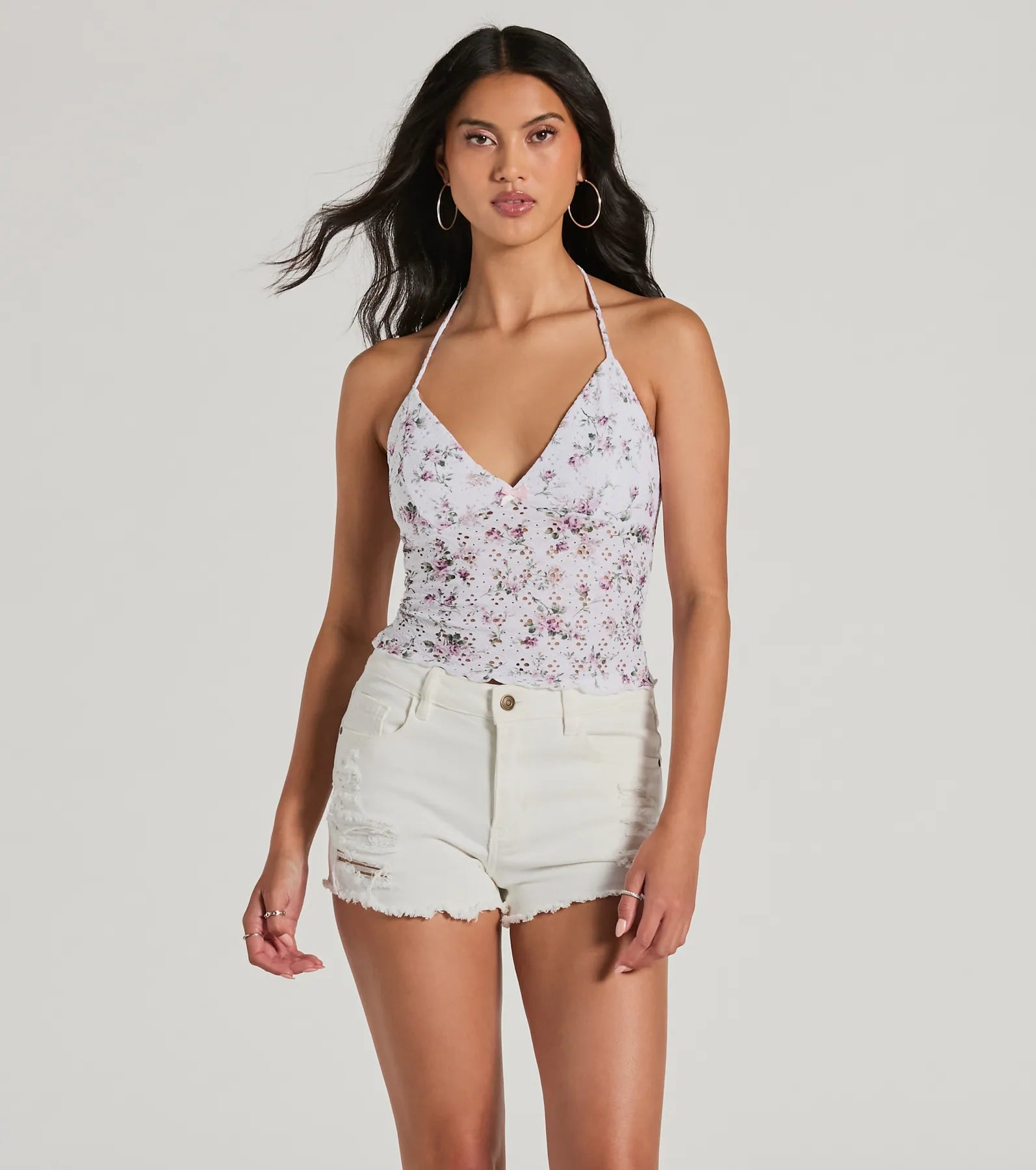 tank tops for womenPick Me Halter Floral Eyelet Crop Top