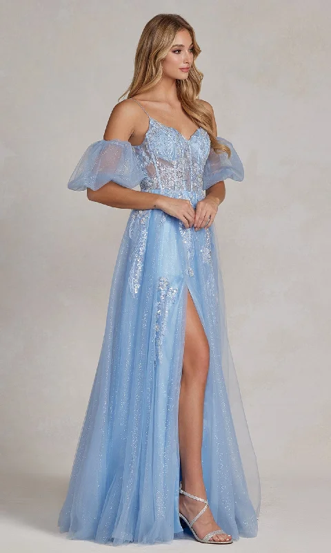 prom dress fitting advicePuff-Sleeve Sheer-Corset Long Blue Prom Dress