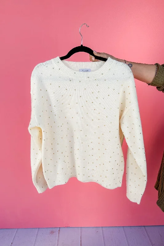 Luxurious Chunky SweatersGold Foil Polka Dot Cream Knit Sweater