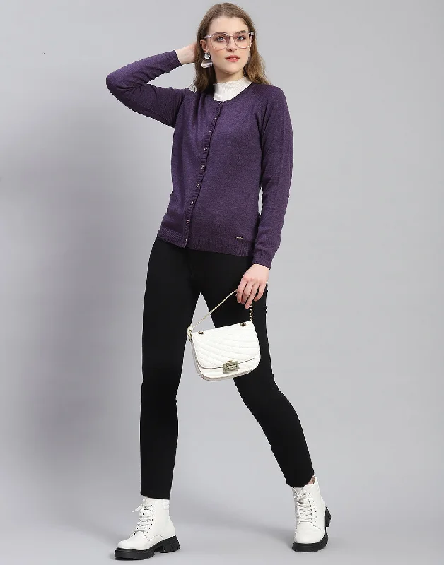 Embellished SweatersWomen Purple Solid Round Neck Full Sleeve Cardigan