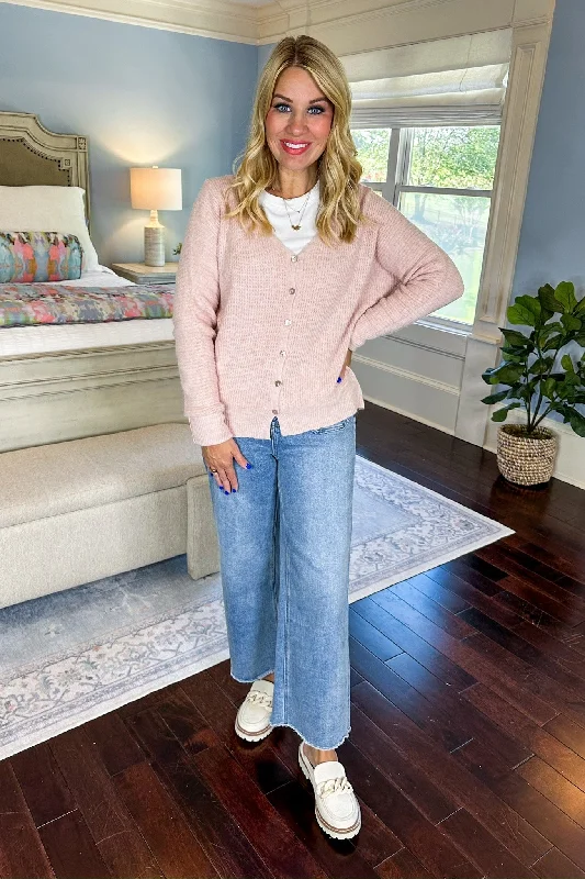 Cozy SweatersCozy V-Neck Button Down Knit Sweater in Blush