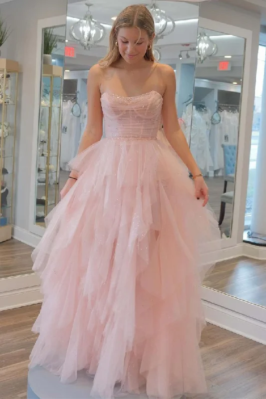 halter neck prom dressesStrapless Sequin Beaded Ruffle Tulle Prom Dress Y7003