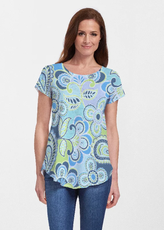 women's tops for those who love bold and vibrant colorsPop Paisley Blue (13233) ~ Signature Short Sleeve Scoop Neck Flowy Tunic