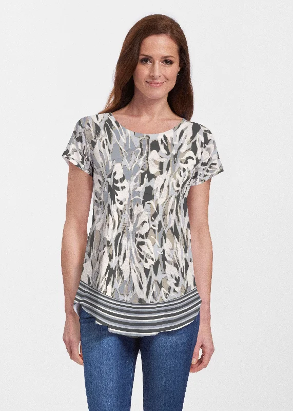 women's tops with cold-shoulder cutsMystic Floral Stripe Grey (19170) ~ Signature Short Sleeve Scoop Neck Flowy Tunic