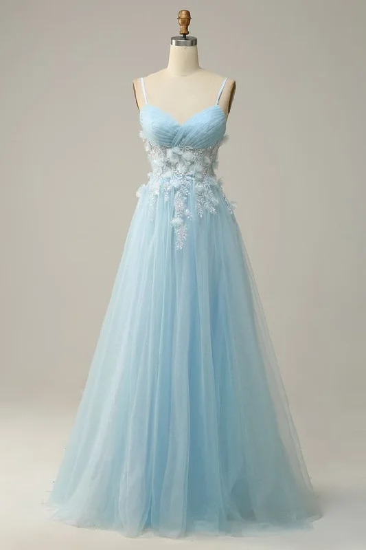 prom dresses for apple shapesWomen Sky Blue Spaghetti Straps A Line Tulle Long Prom Dress Y7032