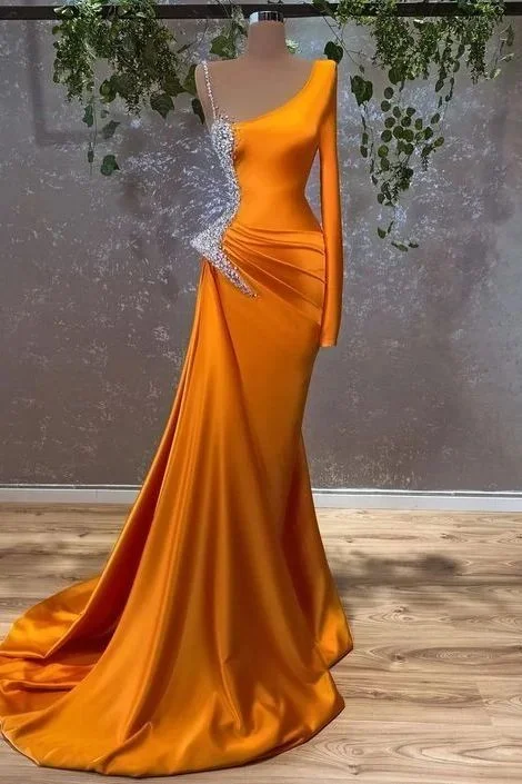 metallic prom dressesBurnt Orange Long Sleeves Mermaid Prom Dress With Beads Y6634