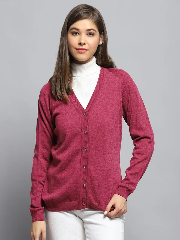 Cardigan SweatersWomen Rust Solid V Neck Full Sleeve Cardigan