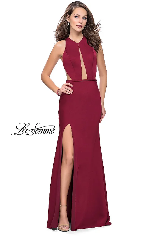 prom dresses with illusion panelsLa Femme Long Open-Back Prom Dress with Slit