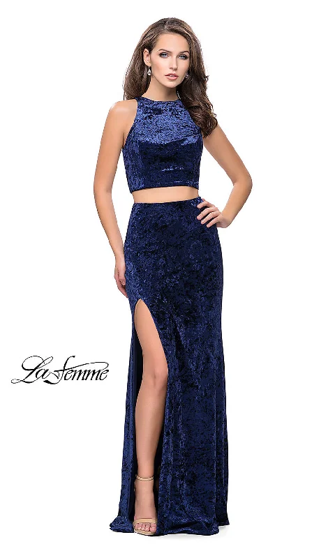 animal print prom dressesLong Two-Piece Velvet La Femme Prom Dress