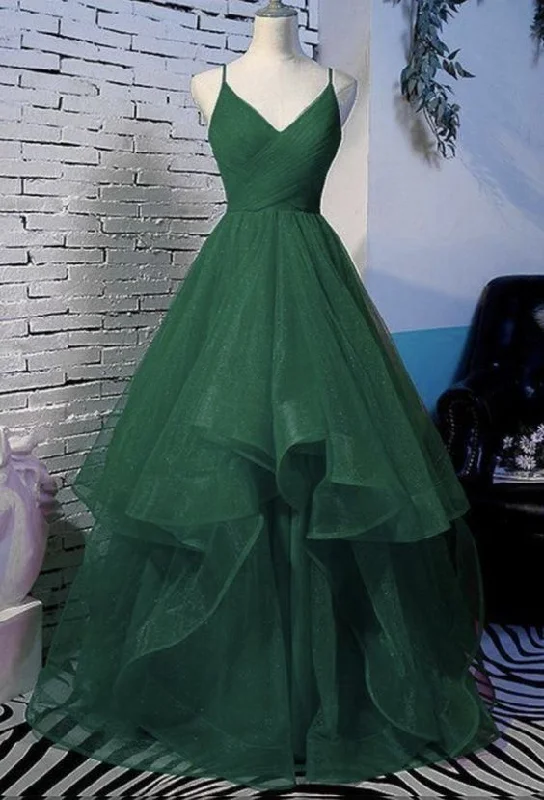 illusion neckline prom dressesGreen A-Line V-Neck Glitter Pleated Long Tulle Prom Dress/Evening Dress Y6440