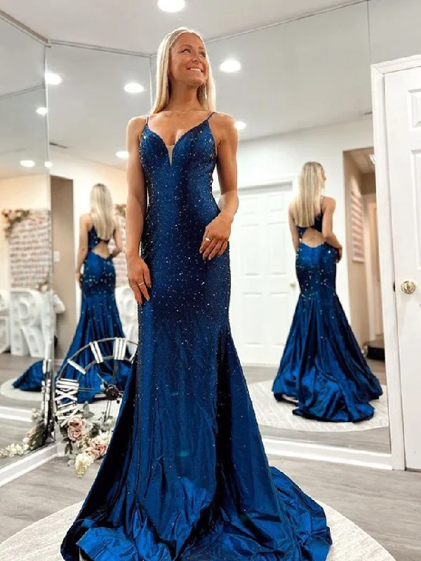 prom dresses with beaded accentsSparkly Mermaid V Neck Long Prom Dress Y6759