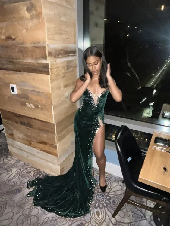 affordable prom dressesGreen Velvet Prom Dress African Mermaid Evening Dress With Slit Y6480