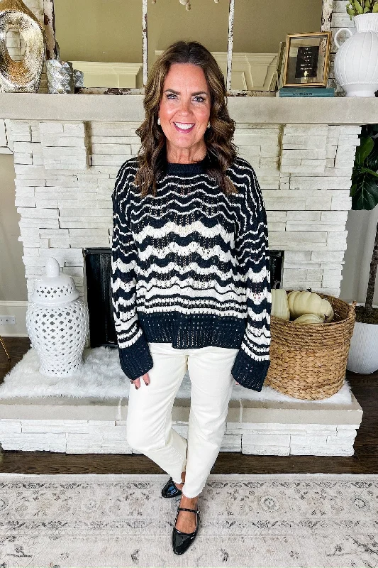 Pullover SweatersWavy Striped Crochet Wide Sleeve Sweater in Black