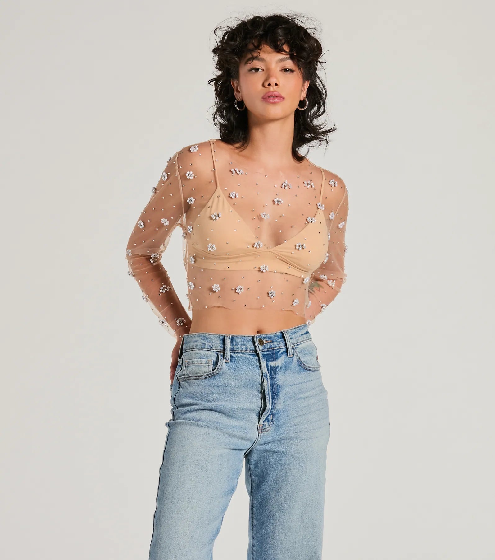 women's tops for those who love to shop for unique findsFlirty Floral Rhinestone Pearl Sheer Mesh Crop Top