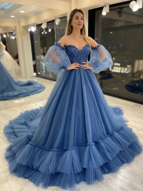 geometric print prom dressesSweetheart Neck Tulle Blue Prom Dress, Puff Sleeves Long Blue Formal Evening Dress Y6172