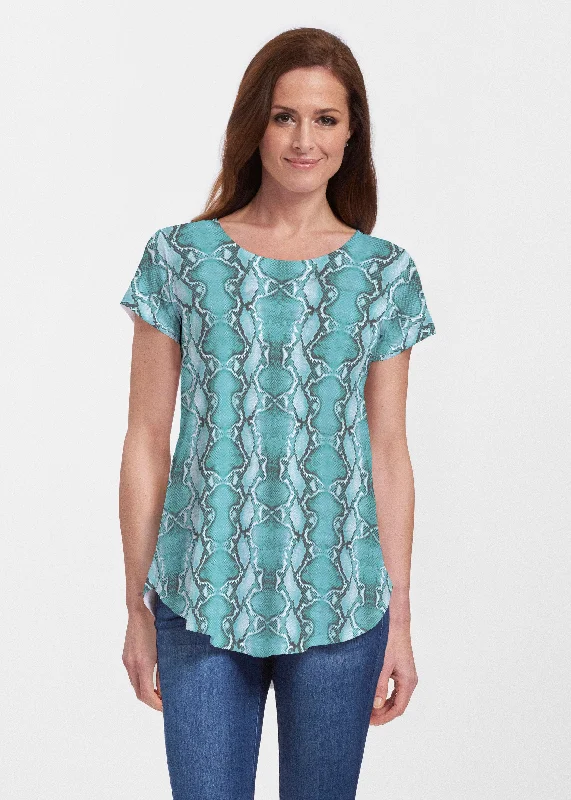 women's tops for those who love to dress up their casual looks with stylish topsPython Aqua (7277) ~ Signature Short Sleeve Scoop Neck Flowy Tunic